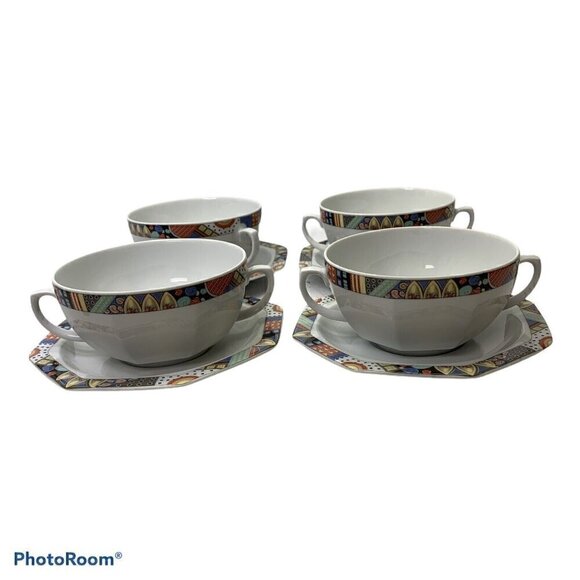 SELTMANN WEIDEN BAVARIA Indio 2 Handle Soup Cups Bowls with Saucers (Set of 4) - Picture 2 of 11